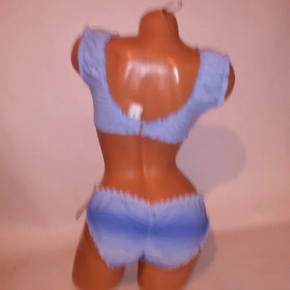 Victoria Secret Swim Bikini Medium Top Large Bottom Ruffle Blue Scrunch Wireless
